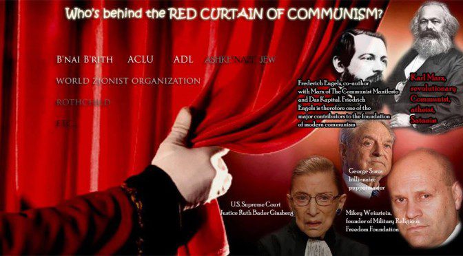 Red curtain with various people and text