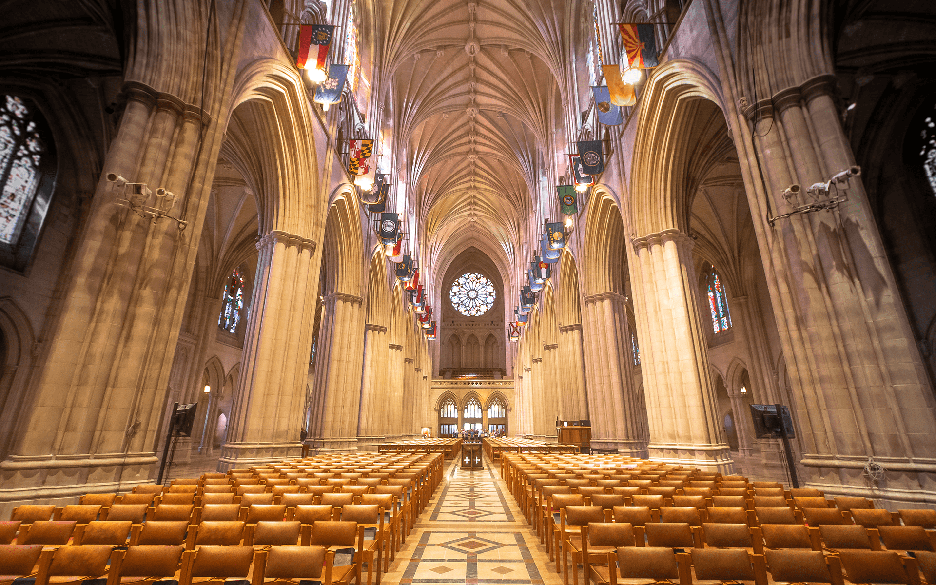 Cathedral interior with rows of chairs