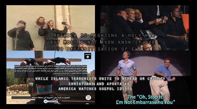 Collage of contrasting global and American issues.